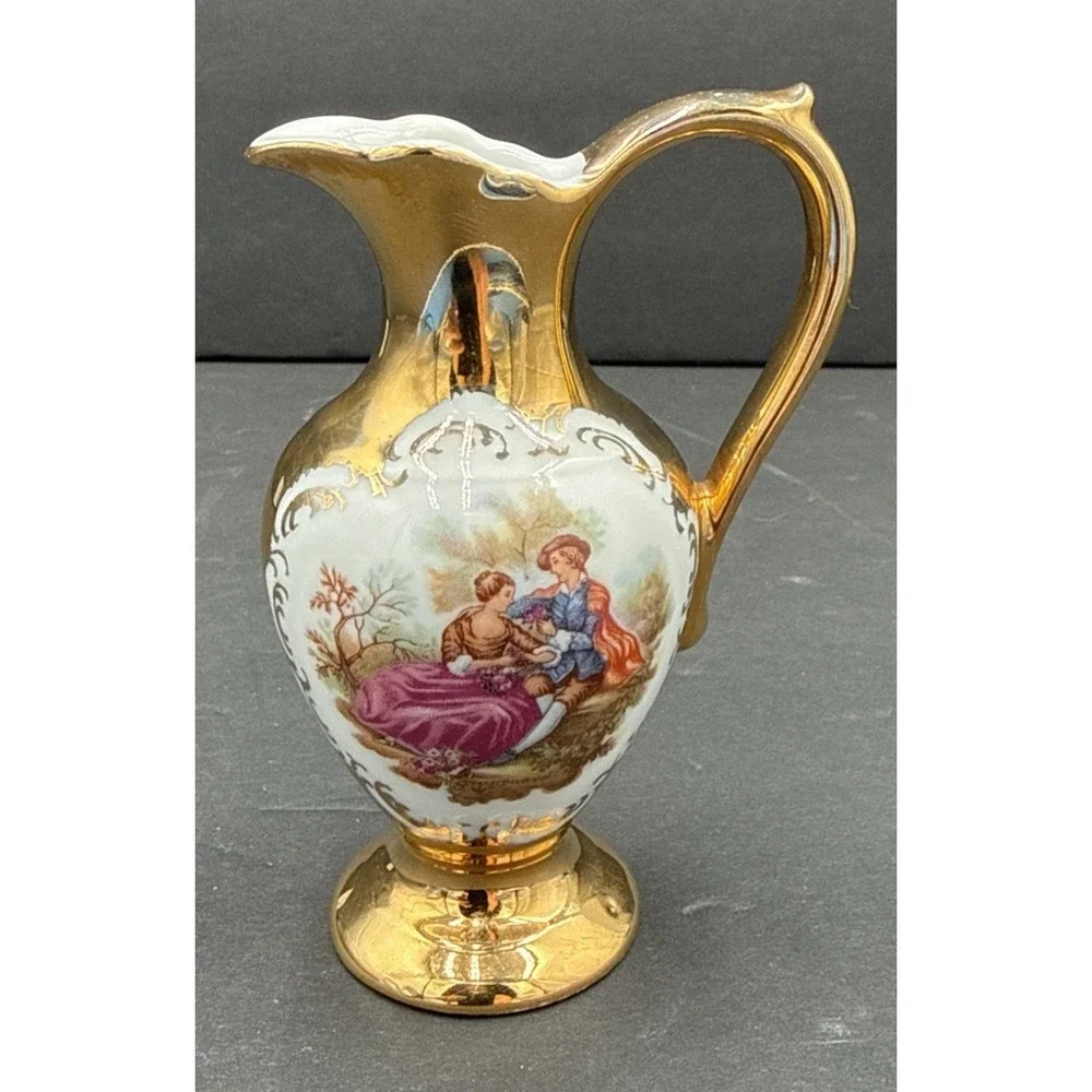 Vintage STW Bavaria Germany Miniature Ewer‎ Pitcher Courting Scene Gold